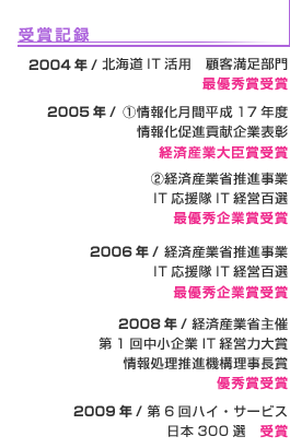 受賞記録 2004年/北海道IT活用顧客満足部門最優秀賞受賞 2005年/1情報化月刊平成17年度情報化促進貢献企業表彰経済産業大臣賞受賞 2経済産業省推進事業IT応援隊IT経営百選最優秀企業賞受賞 2006年/経済産業省推進事業IT応援隊IT経営百選最優秀企業賞受賞 2008年/経済産業省主催第1回中小企業IT経営力大賞情報処理推進機構理事長賞優秀賞受賞 2009年/第6回ハイ・サービス日本300選受賞